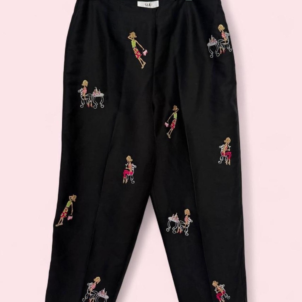 Y2K Black Silk Embroidered Novelty Pants | Parisian Women | Size 10
